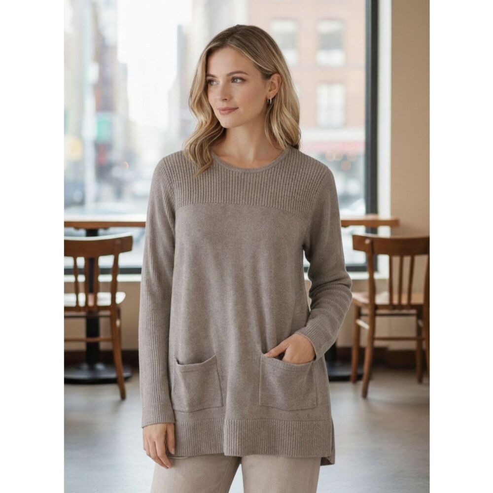 Jeanne Pierre Beige Ribbed Knit Tunic Sweater M Crew Neck Pocket Pullover Solid
